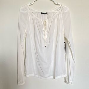 Elie Tahari White Long Sleeve Peasant Workwear Blouse Tie Front Size Large NWT
